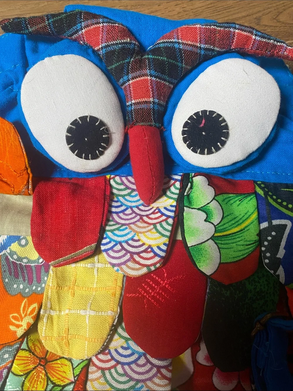 Bright Blue Kids Owl Drawstring Backpack with Multicolor Patchwork Feathers